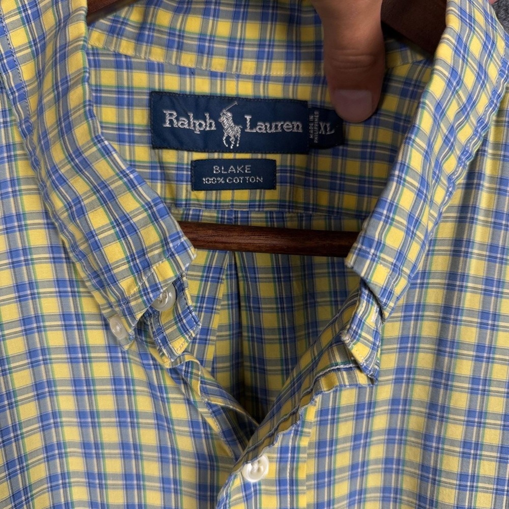 Vintage 90s Ralph Lauren Blake Shirt Mens XL Yellow Blue Plaid Short Sleeve - Picture 4 of 9